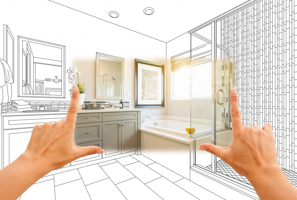 Hands Framing Custom Master Bathroom Photo Section with Drawing Behind. Master bathroom photo section with drawing behind | Budget Flooring, Inc.